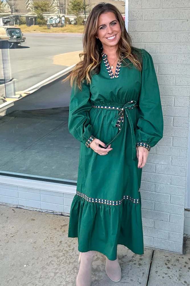 Embroidered Puff Sleeve Midi Dress-Hunter Green