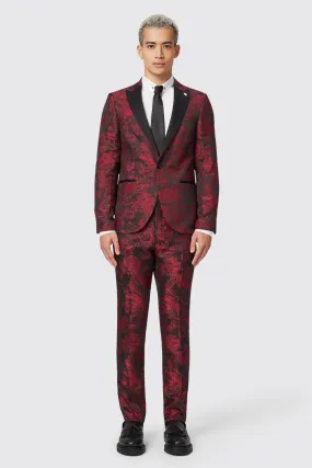 Ersat Skinny Fit Red Floral Jacquard Tuxedo