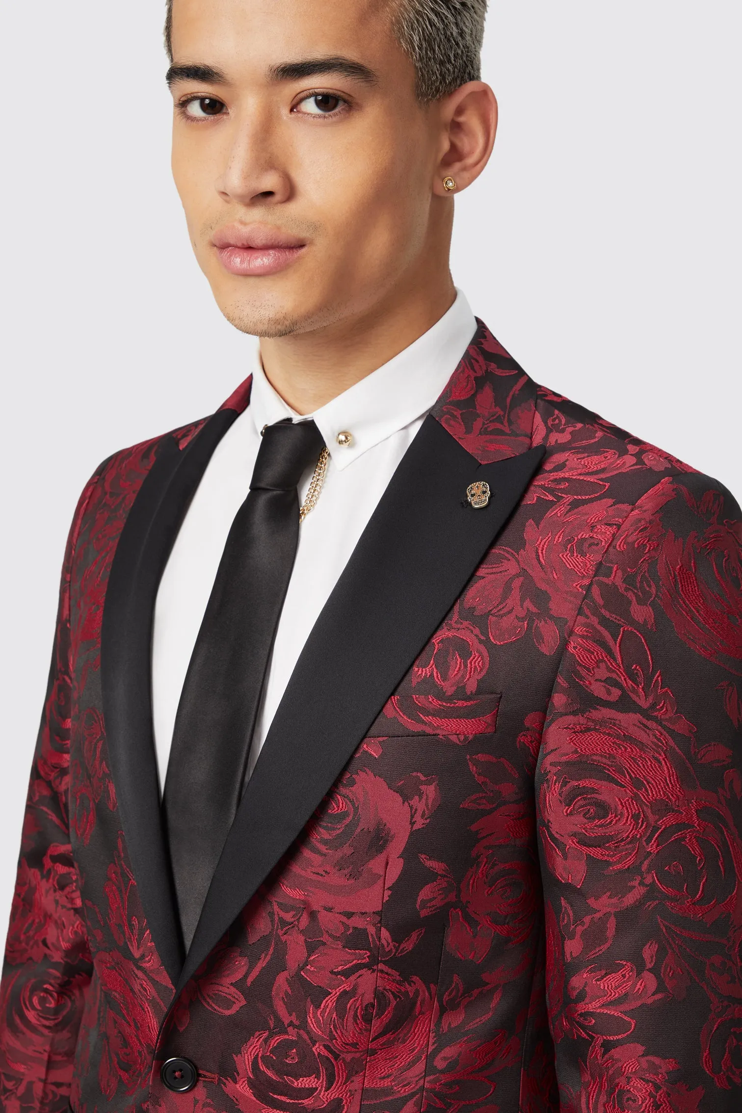 Ersat Skinny Fit Red Floral Jacquard Tuxedo