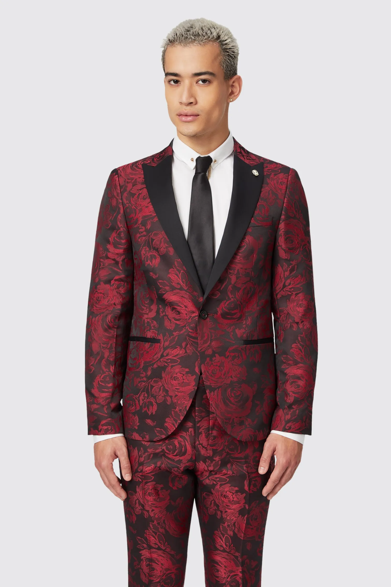 Ersat Skinny Fit Red Floral Jacquard Tuxedo