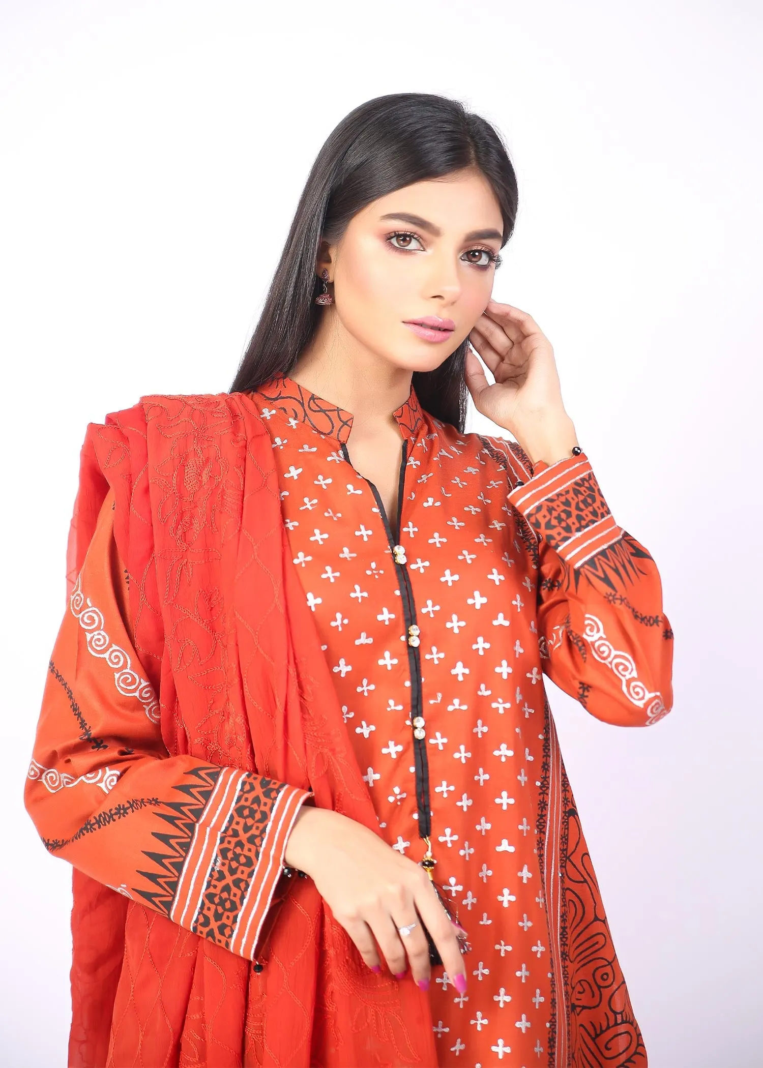 FashionPorters - Unstitched 3 Piece Block Printed Cotton Lawn Bright Orange Suit SUS22-RY23