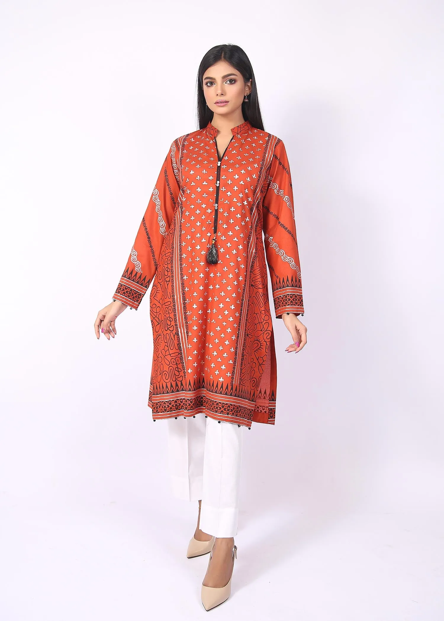 FashionPorters - Unstitched 3 Piece Block Printed Cotton Lawn Bright Orange Suit SUS22-RY23