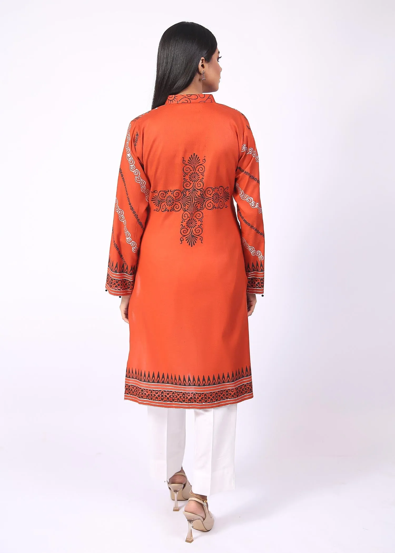 FashionPorters - Unstitched 3 Piece Block Printed Cotton Lawn Bright Orange Suit SUS22-RY23