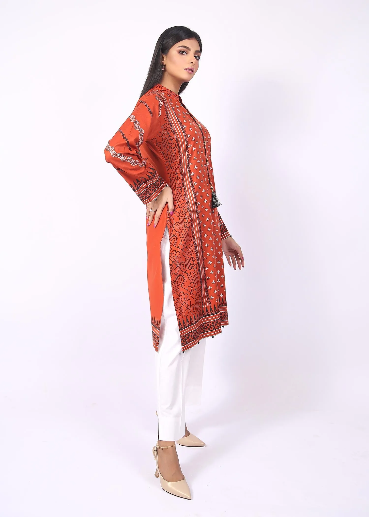 FashionPorters - Unstitched 3 Piece Block Printed Cotton Lawn Bright Orange Suit SUS22-RY23