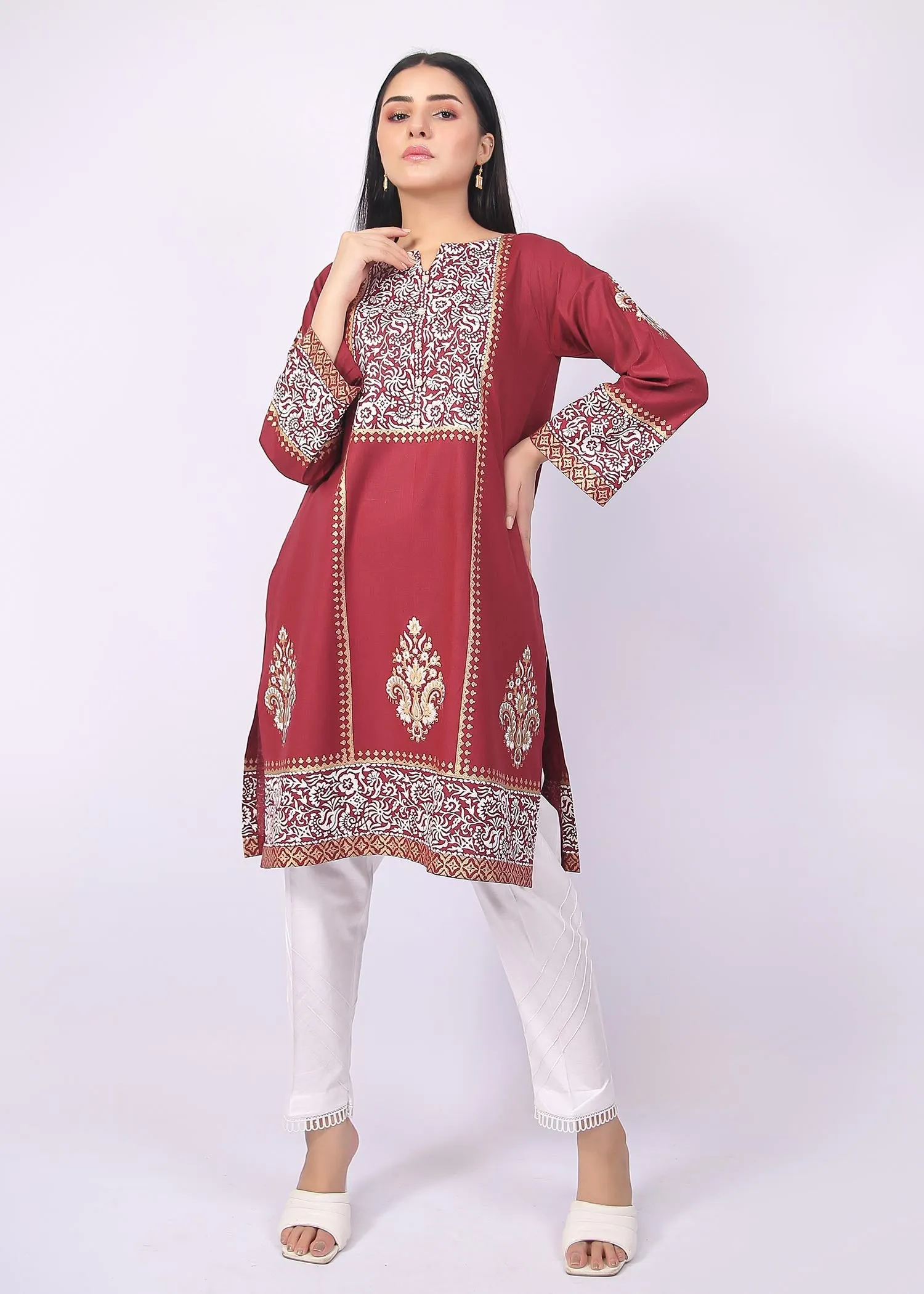 FashionPorters - Unstitched 3 Piece Block Printed Cotton Lawn Light Maroon Suit SUS22-RY12