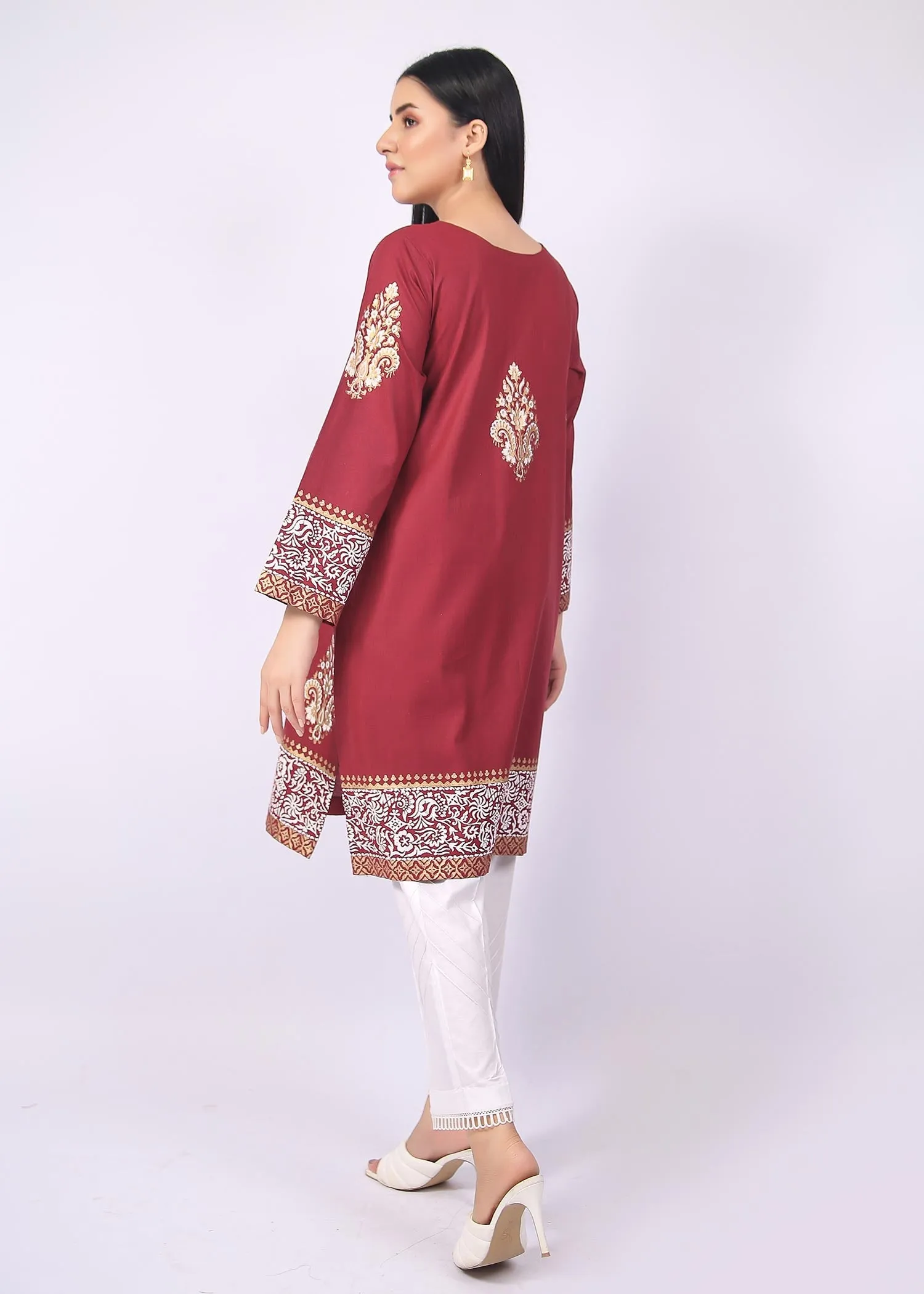 FashionPorters - Unstitched 3 Piece Block Printed Cotton Lawn Light Maroon Suit SUS22-RY12