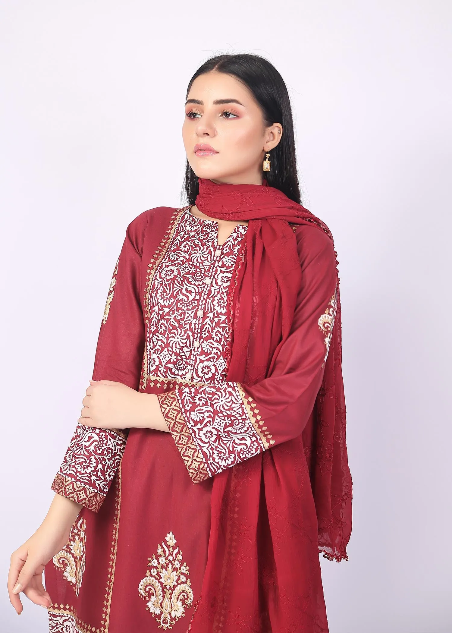 FashionPorters - Unstitched 3 Piece Block Printed Cotton Lawn Light Maroon Suit SUS22-RY12