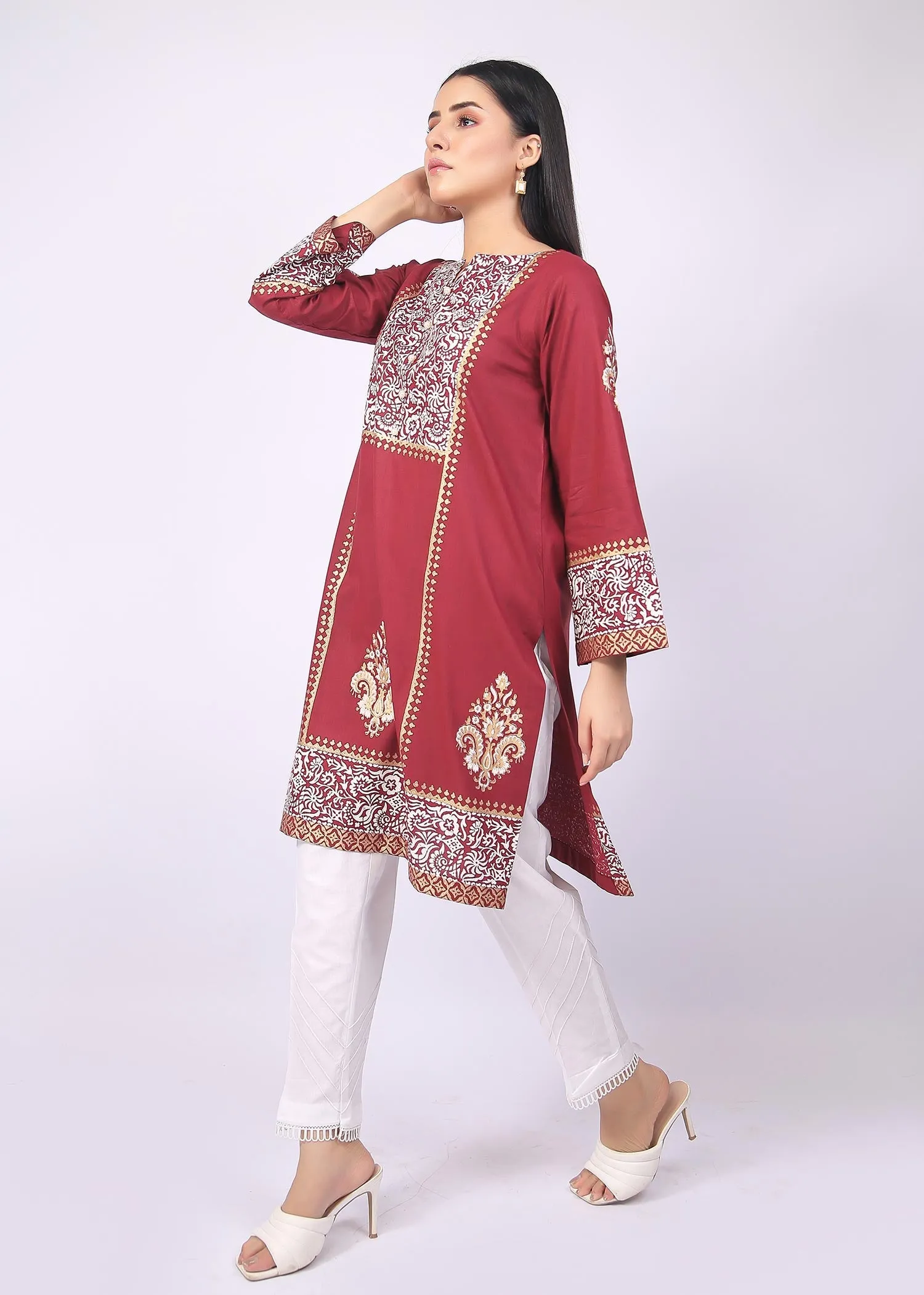 FashionPorters - Unstitched 3 Piece Block Printed Cotton Lawn Light Maroon Suit SUS22-RY12