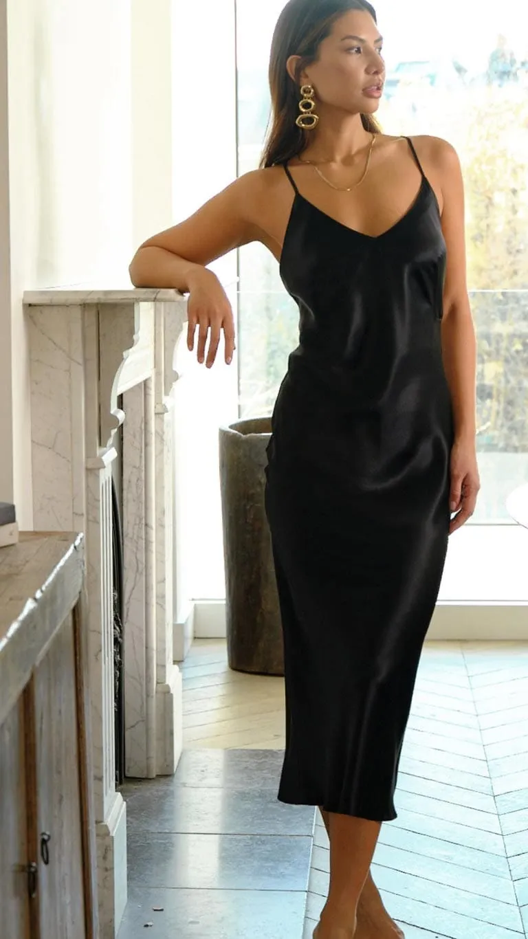 Fleur Du Jour Black Silk Slip Dress