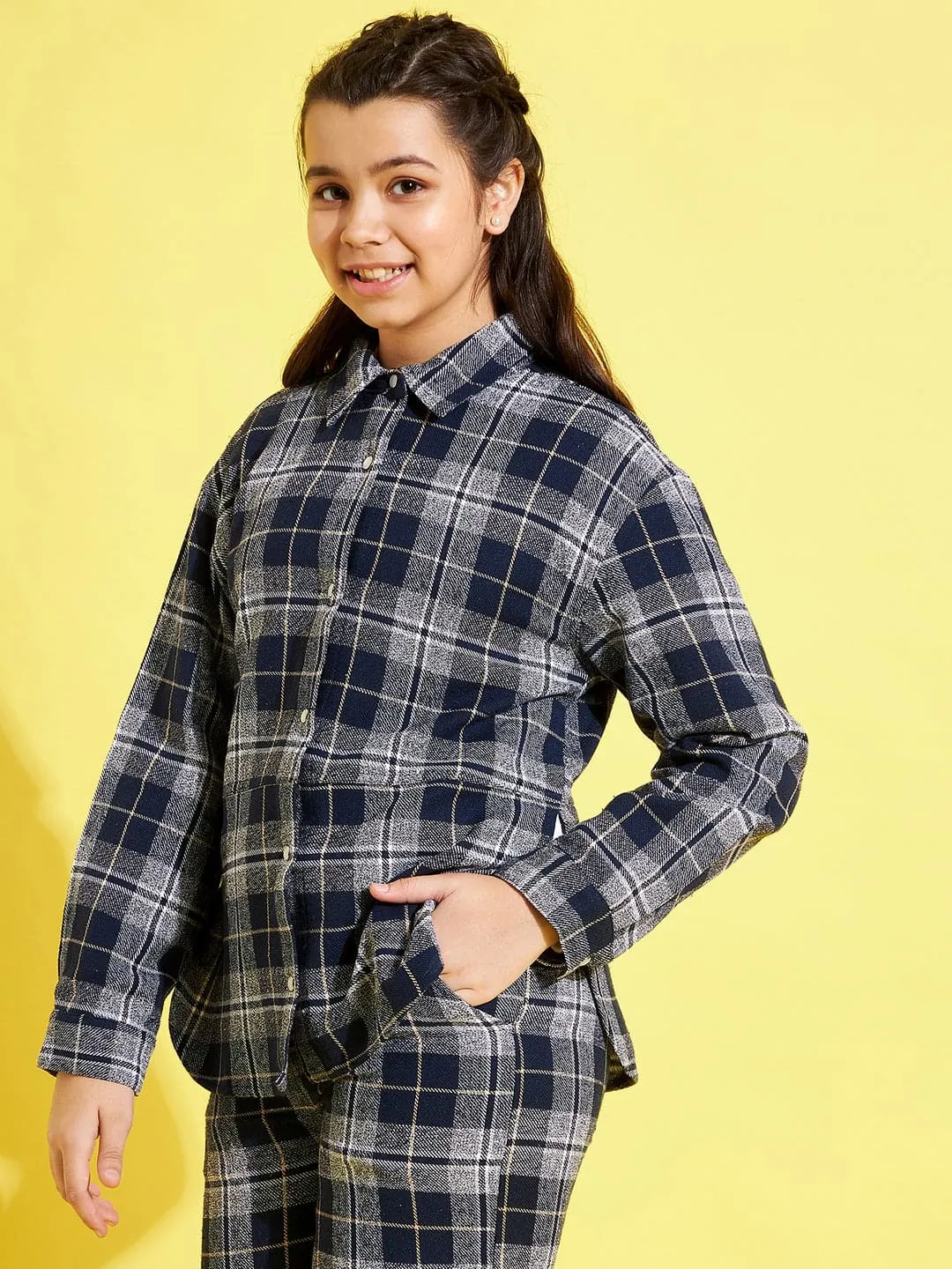 Girls Navy & Grey Check Shacket - Lyush Kids