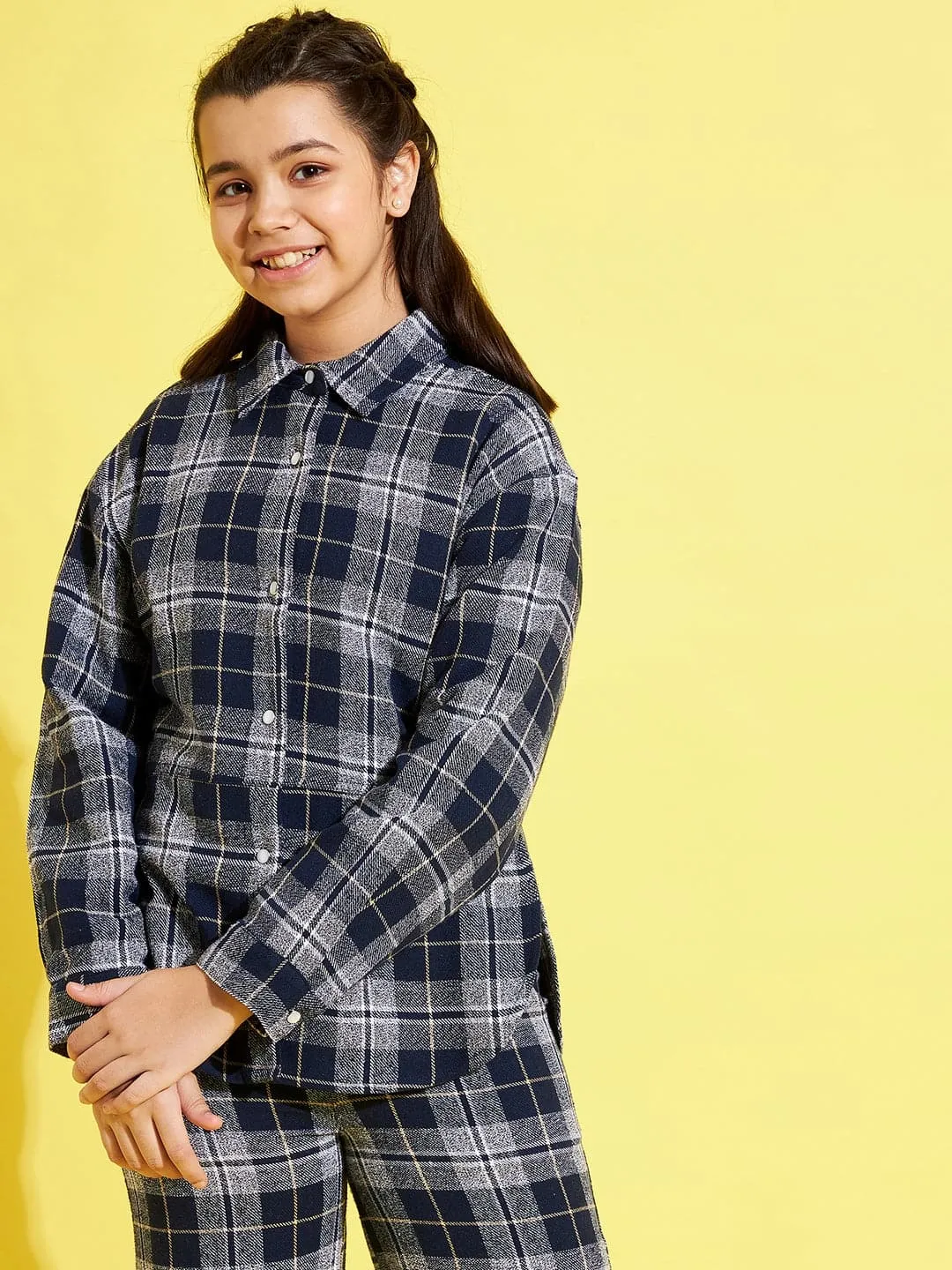 Girls Navy & Grey Check Shacket - Lyush Kids