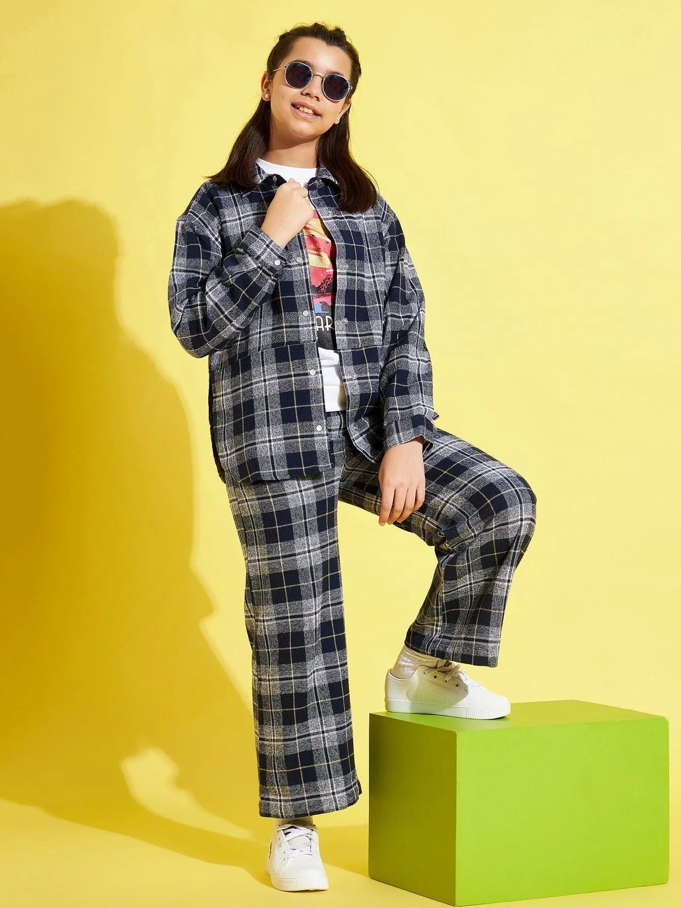 Girls Navy & Grey Check Shacket - Lyush Kids