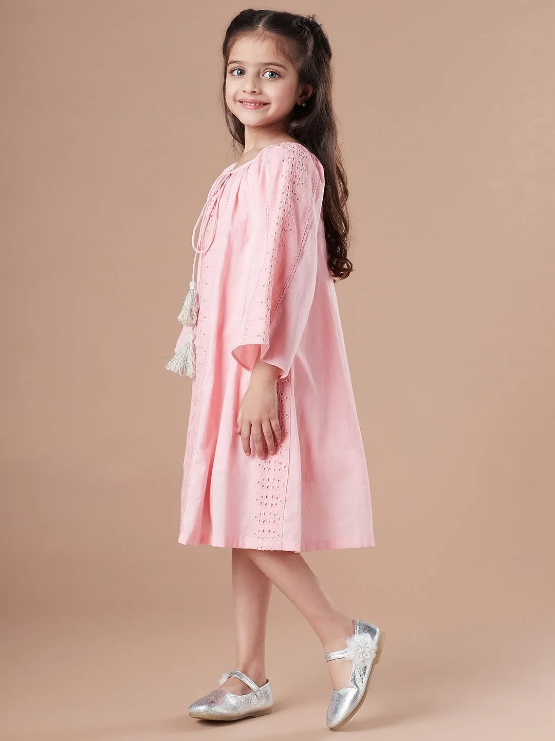 Girls Schiffli A-Line Cotton Midi Dress With Slip