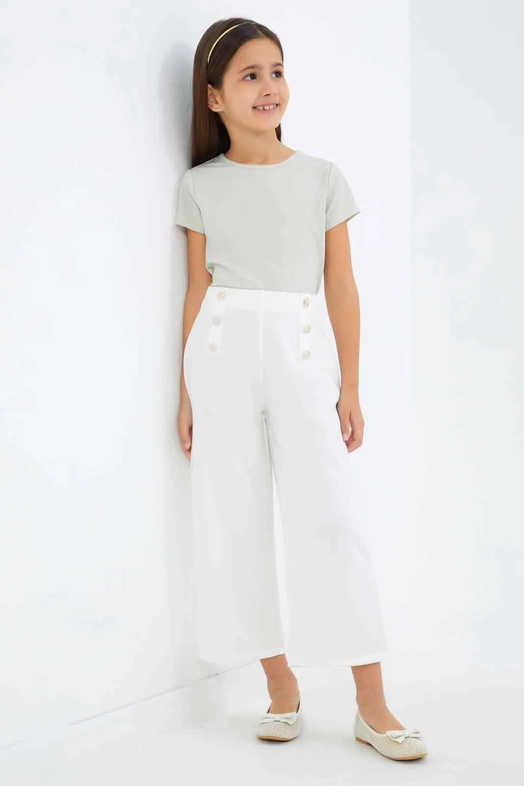 Girls White Wide-Leg Pants