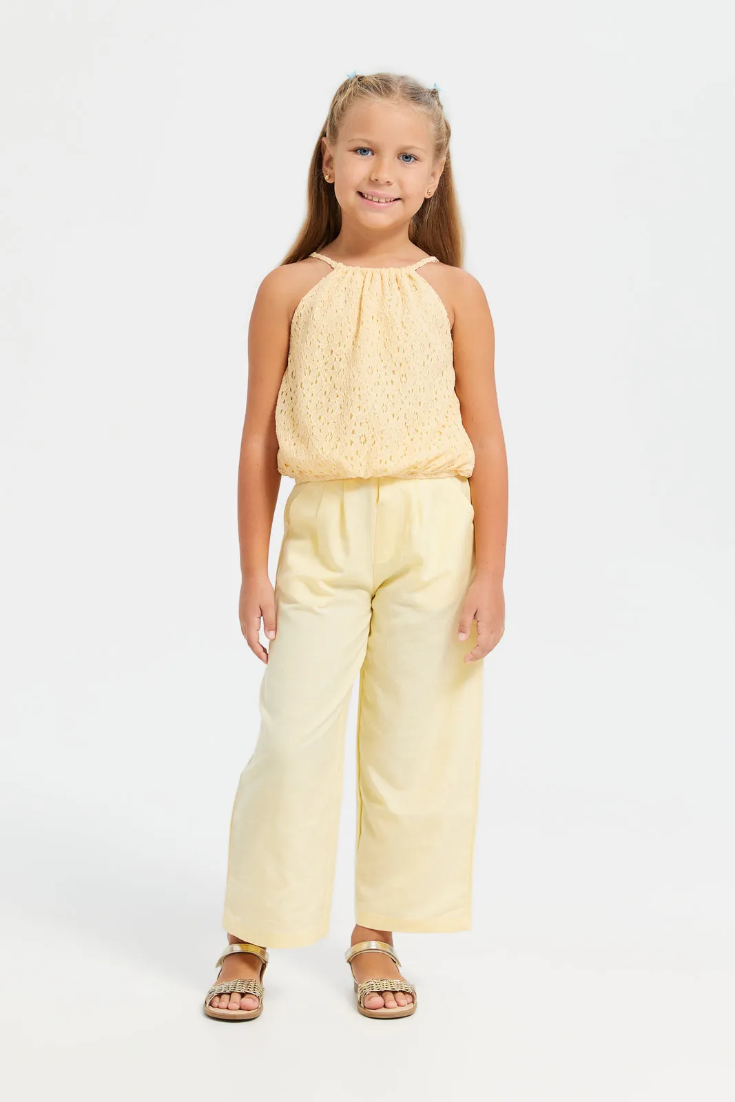 Girls Yellow Plain Wide Leg Pants