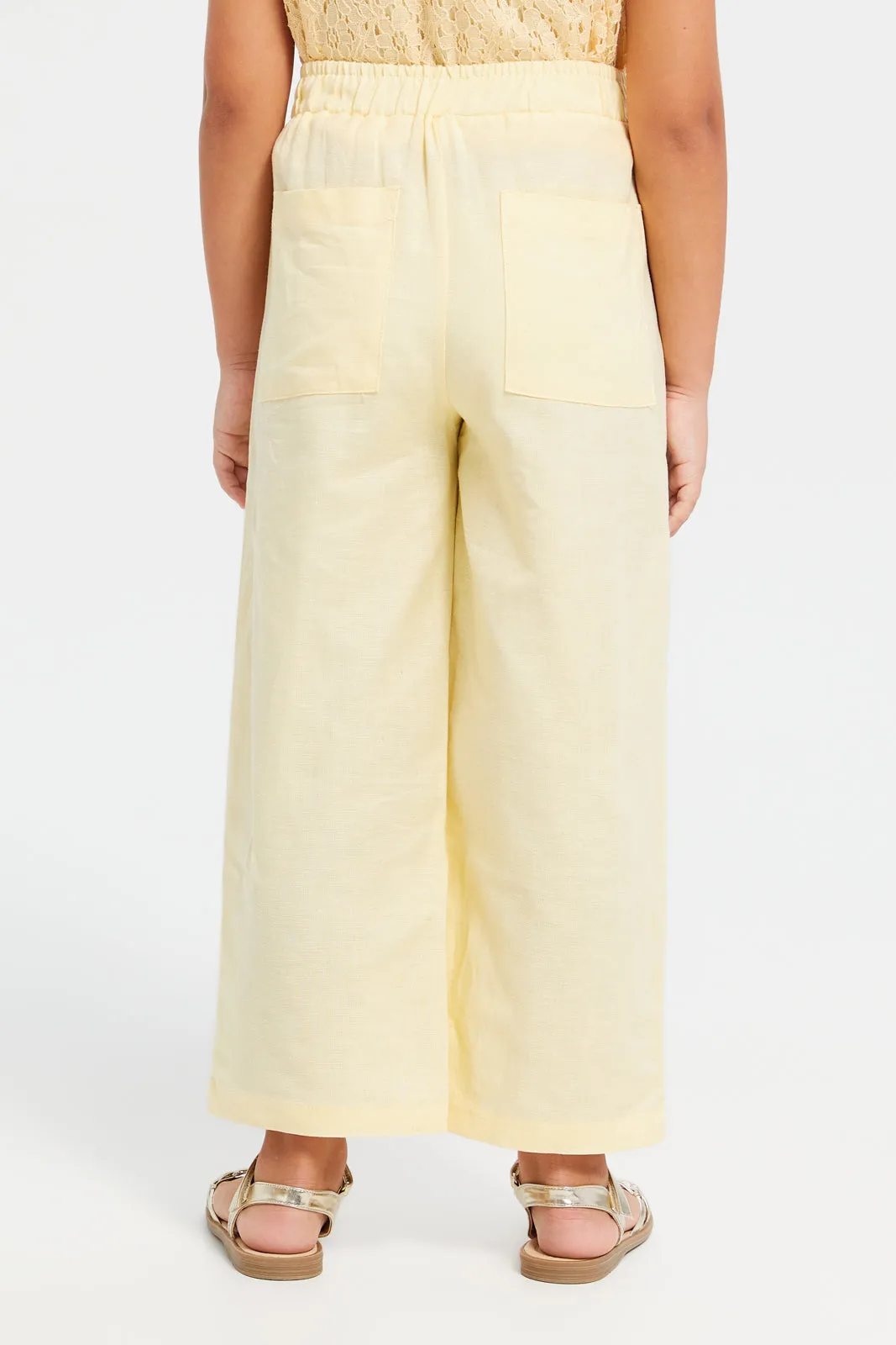 Girls Yellow Plain Wide Leg Pants