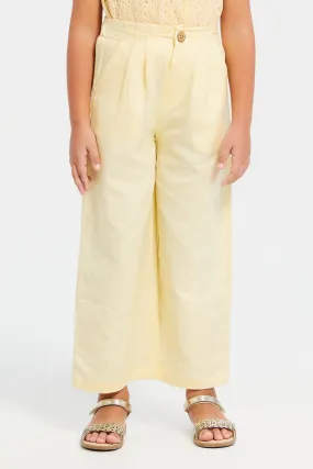 Girls Yellow Plain Wide Leg Pants