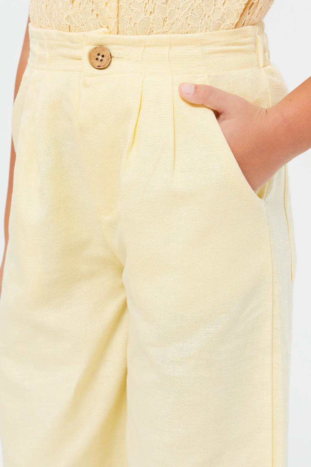 Girls Yellow Plain Wide Leg Pants