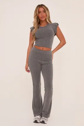 Grey Rib Knit Frill Detail Top & Trousers Co-ord Set - Vaneeza