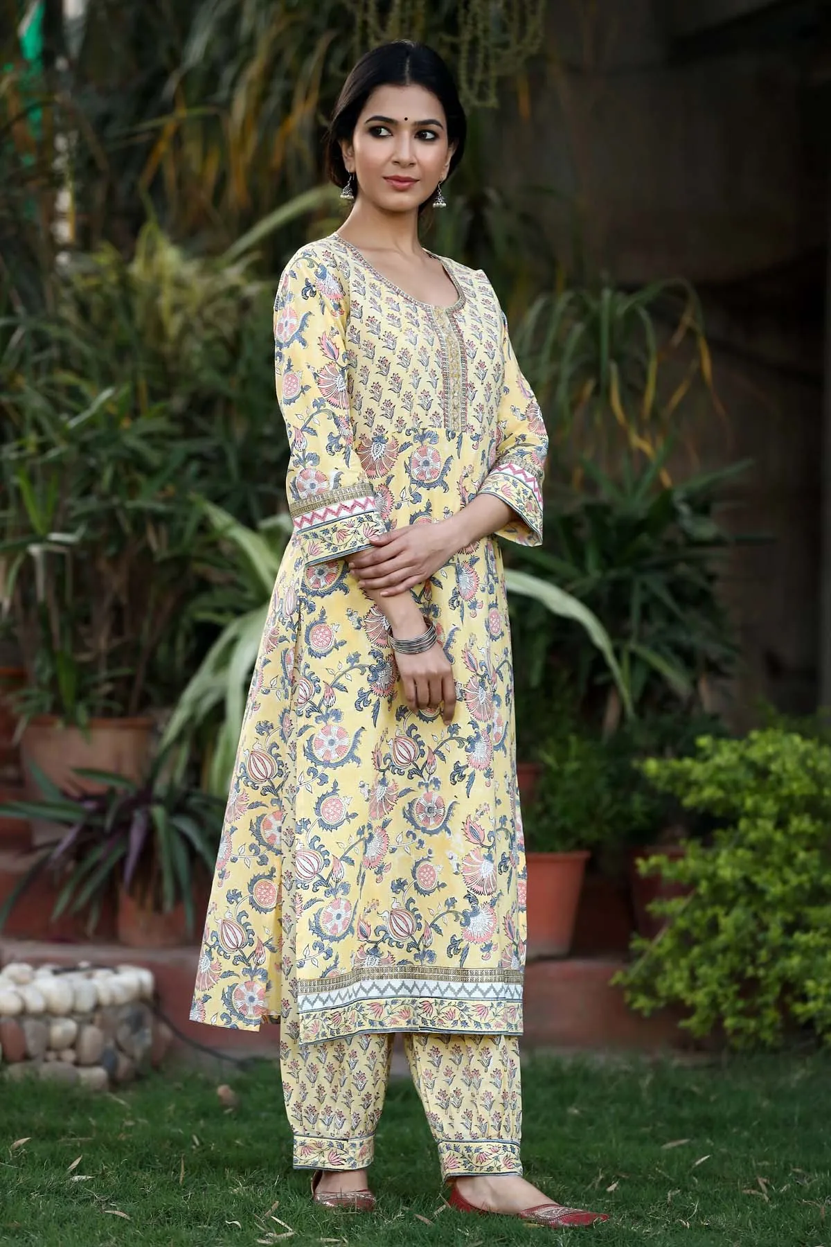 Hand block print Kurta set with pants and Dupatta