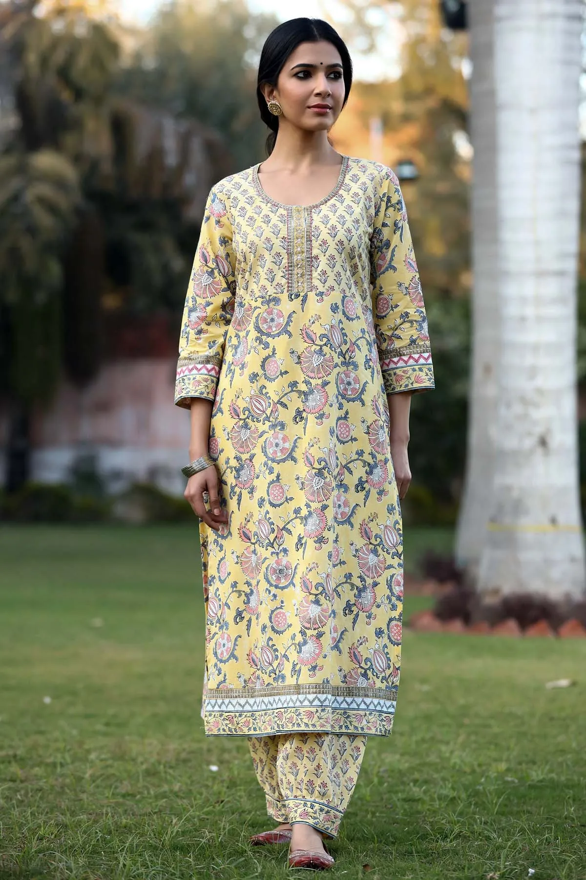 Hand block print Kurta set with pants and Dupatta