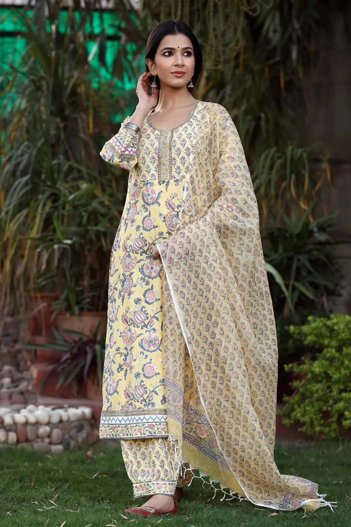 Hand block print Kurta set with pants and Dupatta