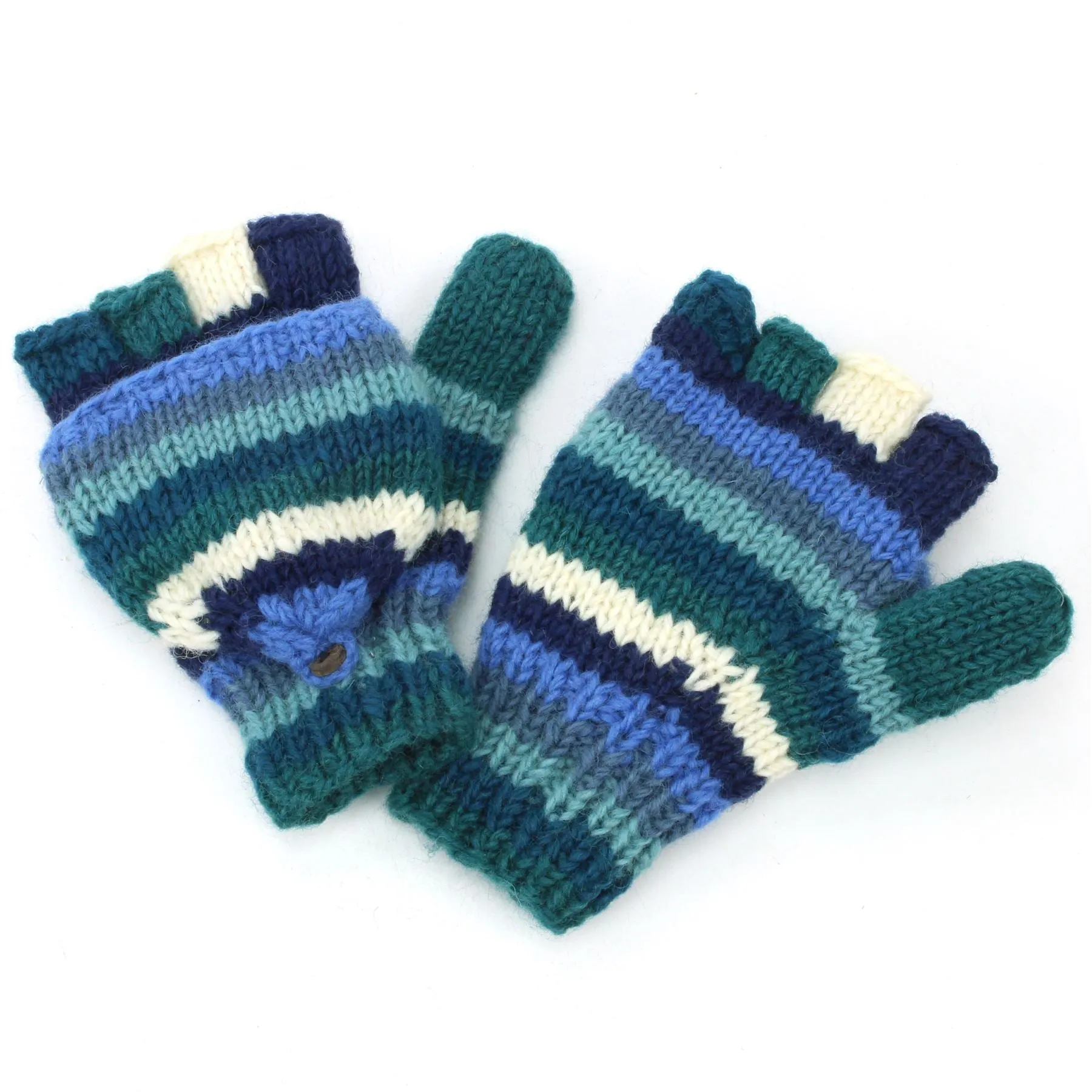 Hand Knitted Wool Shooter Gloves - Stripe Blue