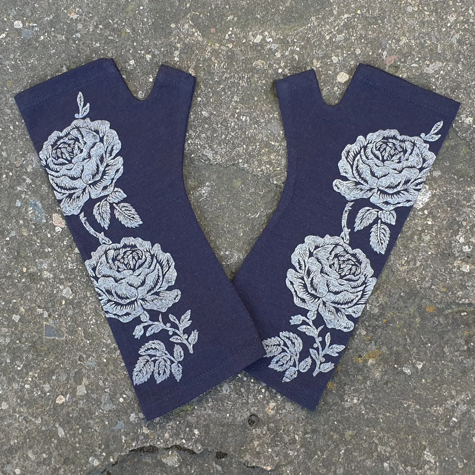 Ink rose print merino fingerless gloves