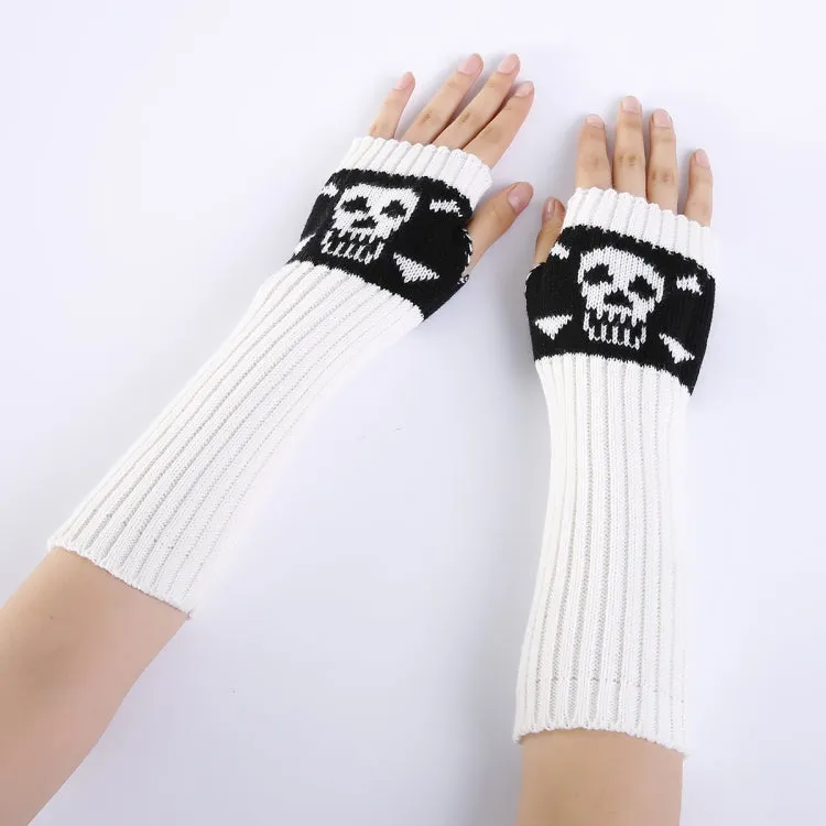 Jacquard Skull Fingerless Warm Gloves Knit Ski Gloves(White)