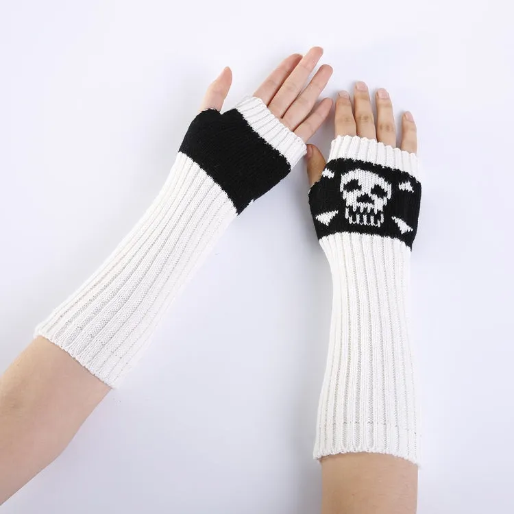 Jacquard Skull Fingerless Warm Gloves Knit Ski Gloves(White)