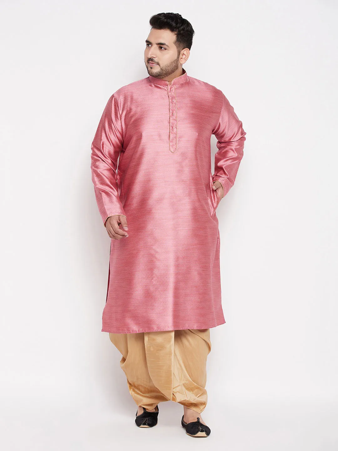 Jashvi Men's Plus Size Pink Woven Kurta And Rose Gold Dhoti Set