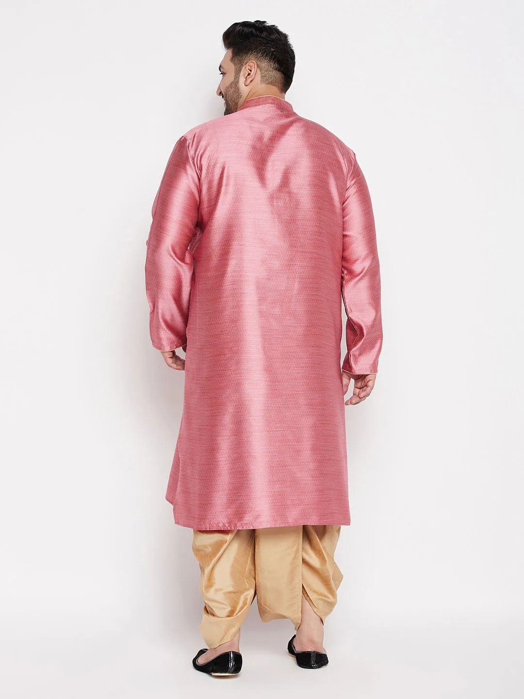 Jashvi Men's Plus Size Pink Woven Kurta And Rose Gold Dhoti Set