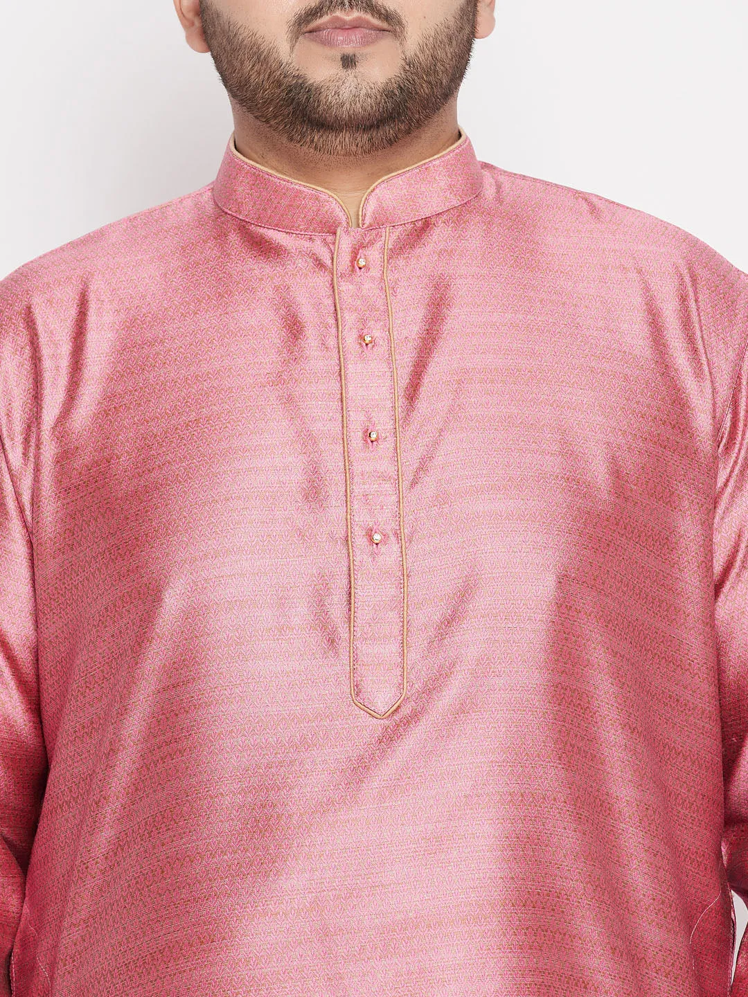 Jashvi Men's Plus Size Pink Woven Kurta And Rose Gold Dhoti Set