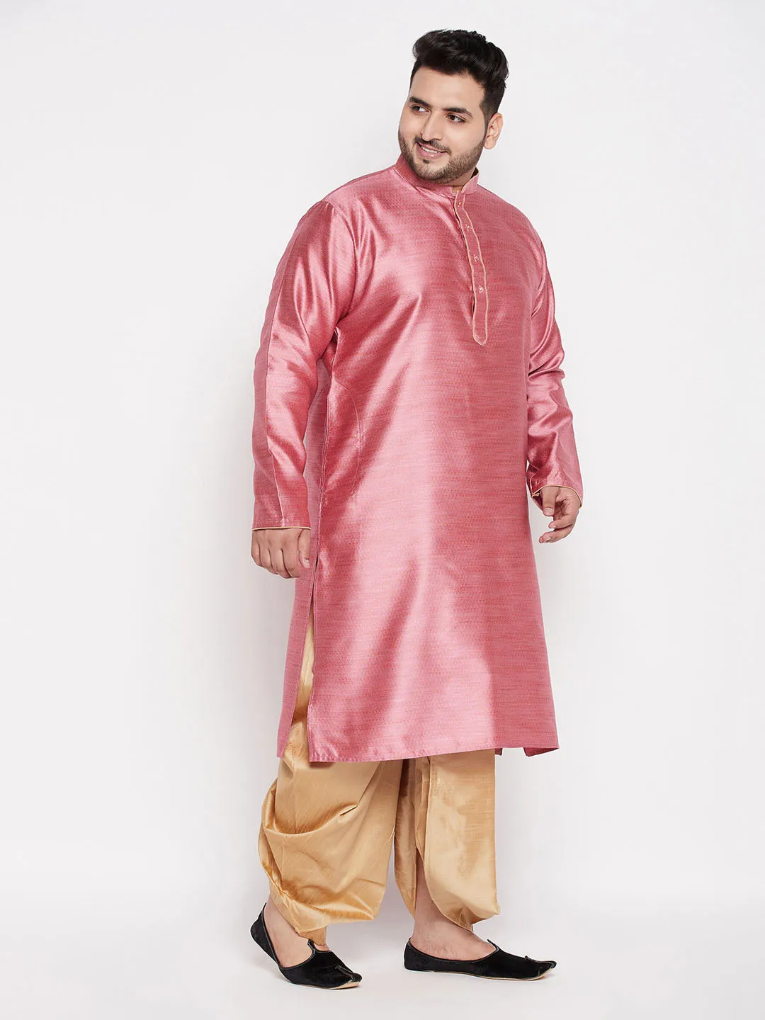 Jashvi Men's Plus Size Pink Woven Kurta And Rose Gold Dhoti Set