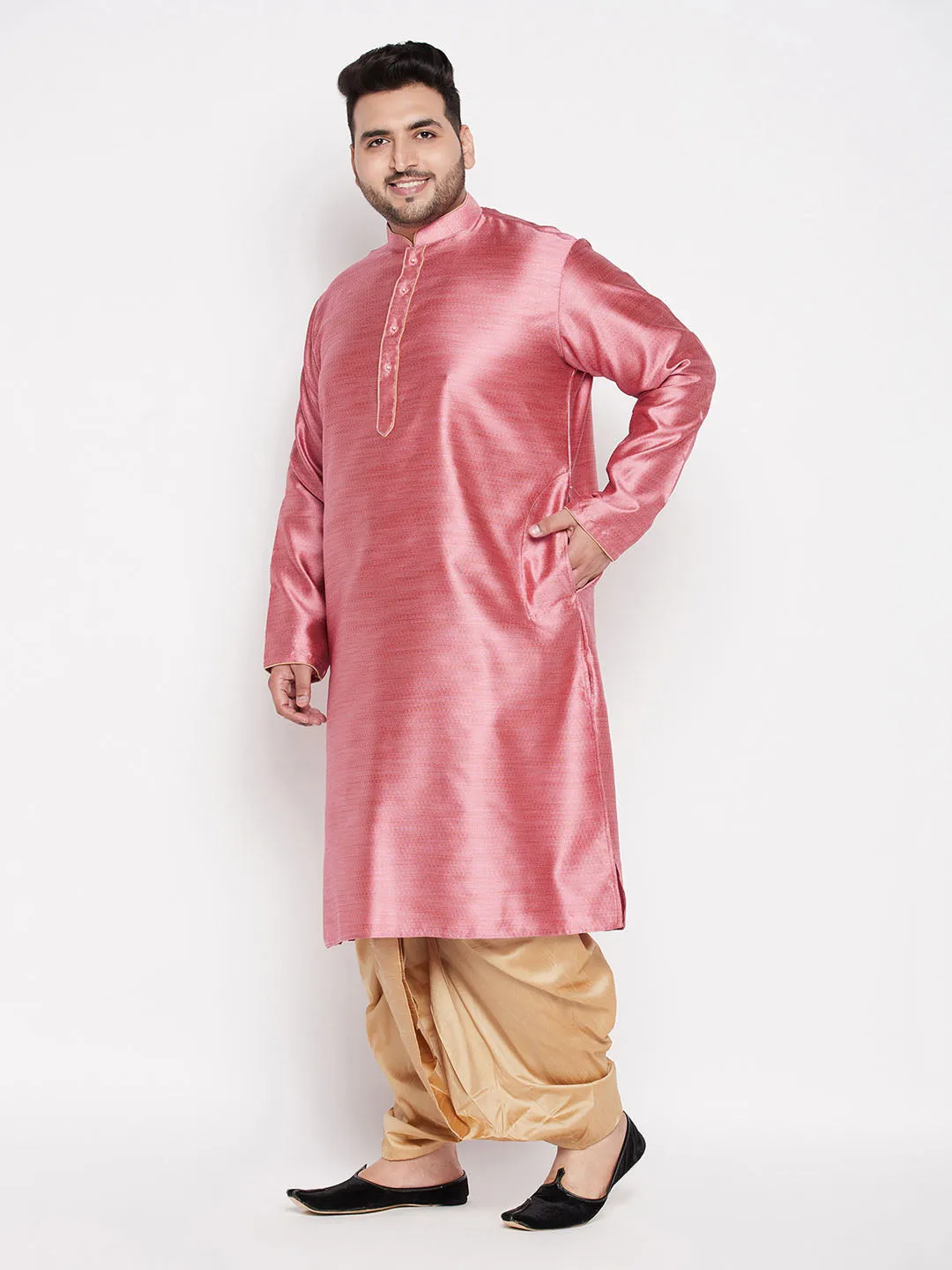 Jashvi Men's Plus Size Pink Woven Kurta And Rose Gold Dhoti Set