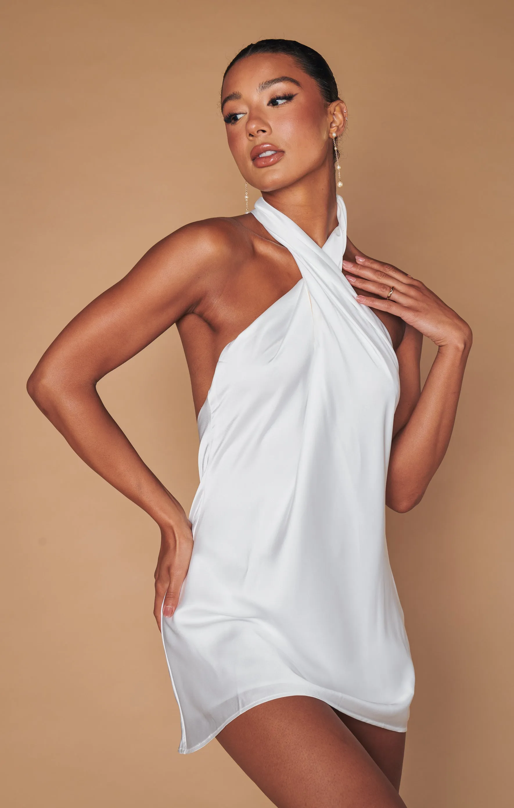 Jasmine Halter Mini Dress ~ Ivory Luxe Satin