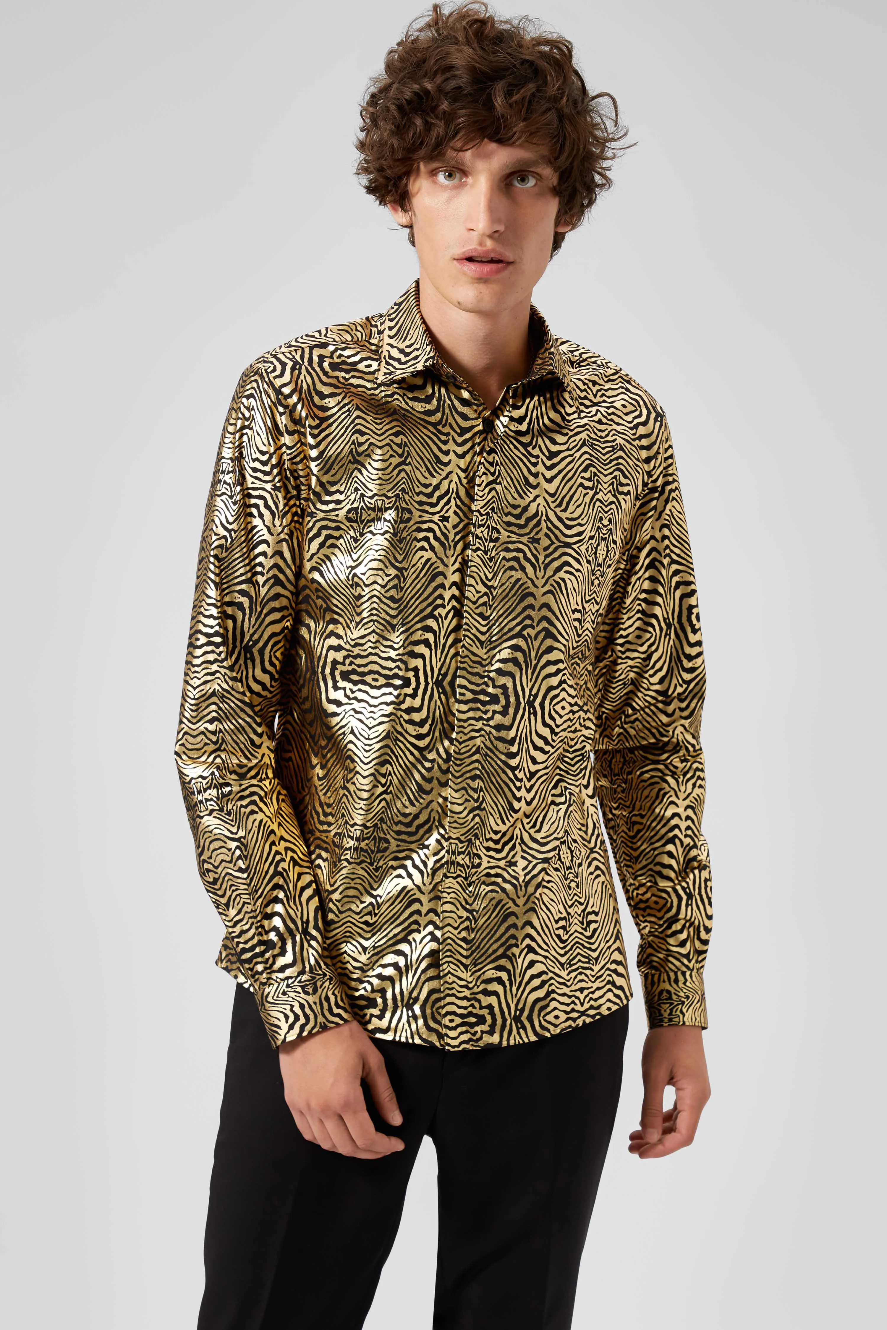 Kalman Skinny Fit Gold Zebra Print Shirt - ARCHIVE