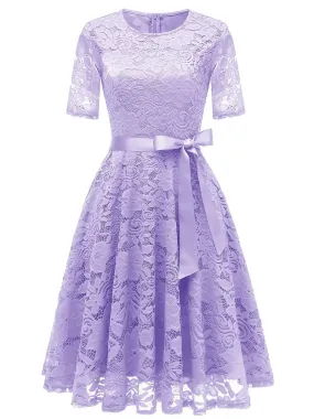 Lavender Lace Belt Crew Neck Short Sleeve Dress