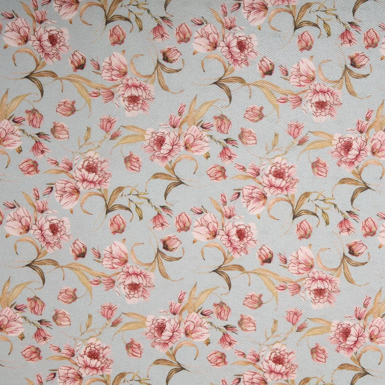 Light Blue Peach Floral Print Semi Cotton Fabric