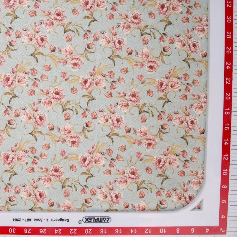 Light Blue Peach Floral Print Semi Cotton Fabric