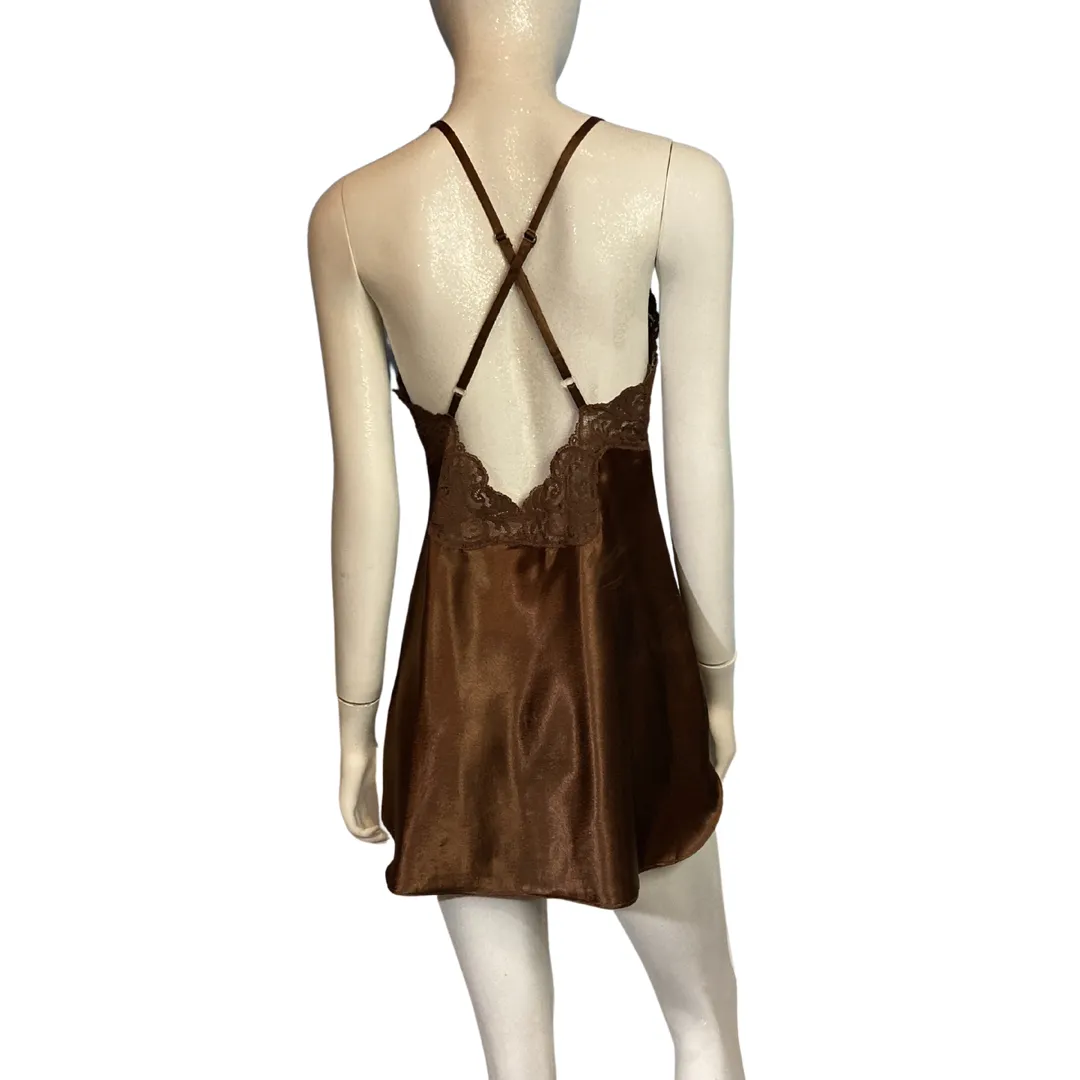 Lingerie Cacique Brown Satin Lace Trim Teddy Size S