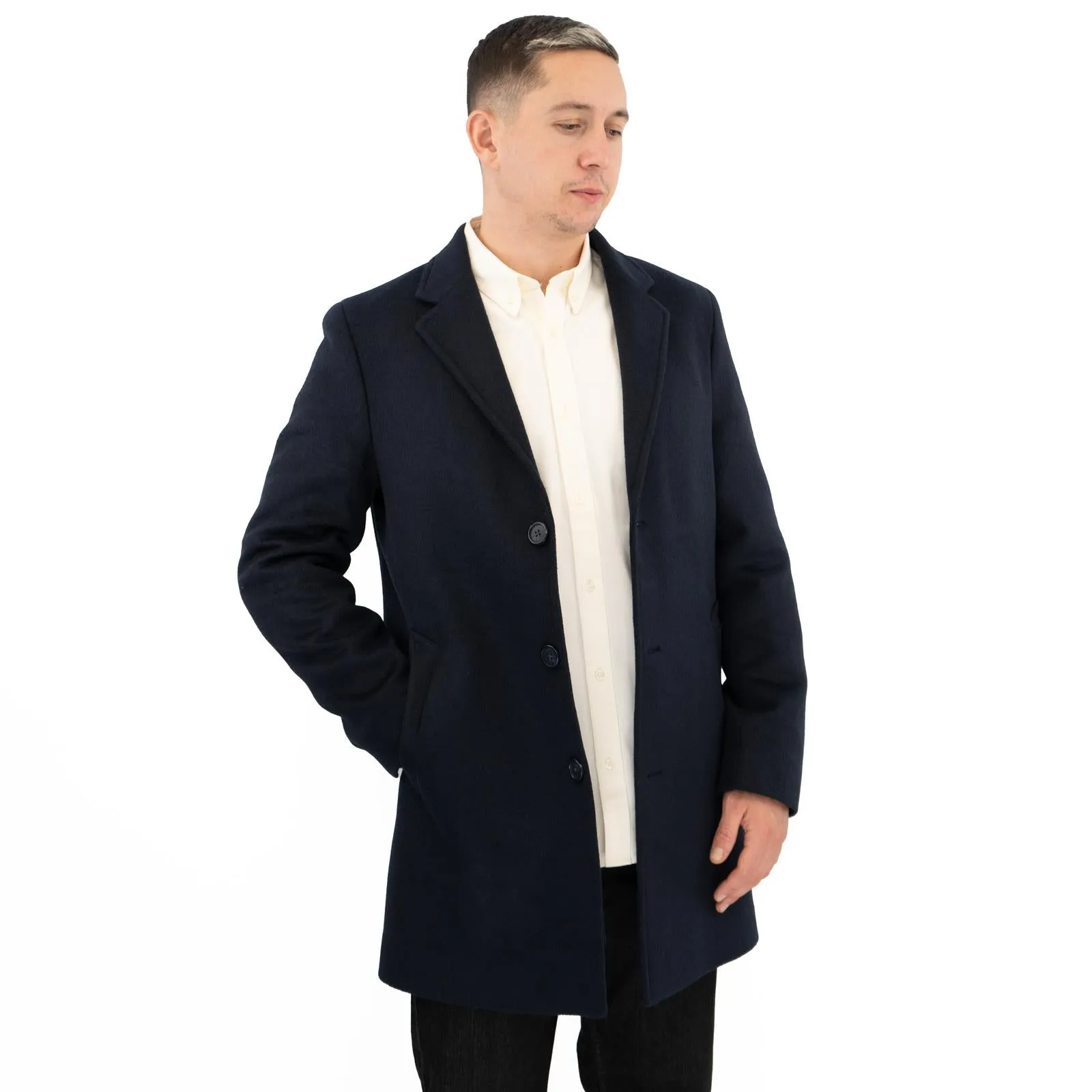 M&S Mens Wool Blend Revere Overcoat Navy