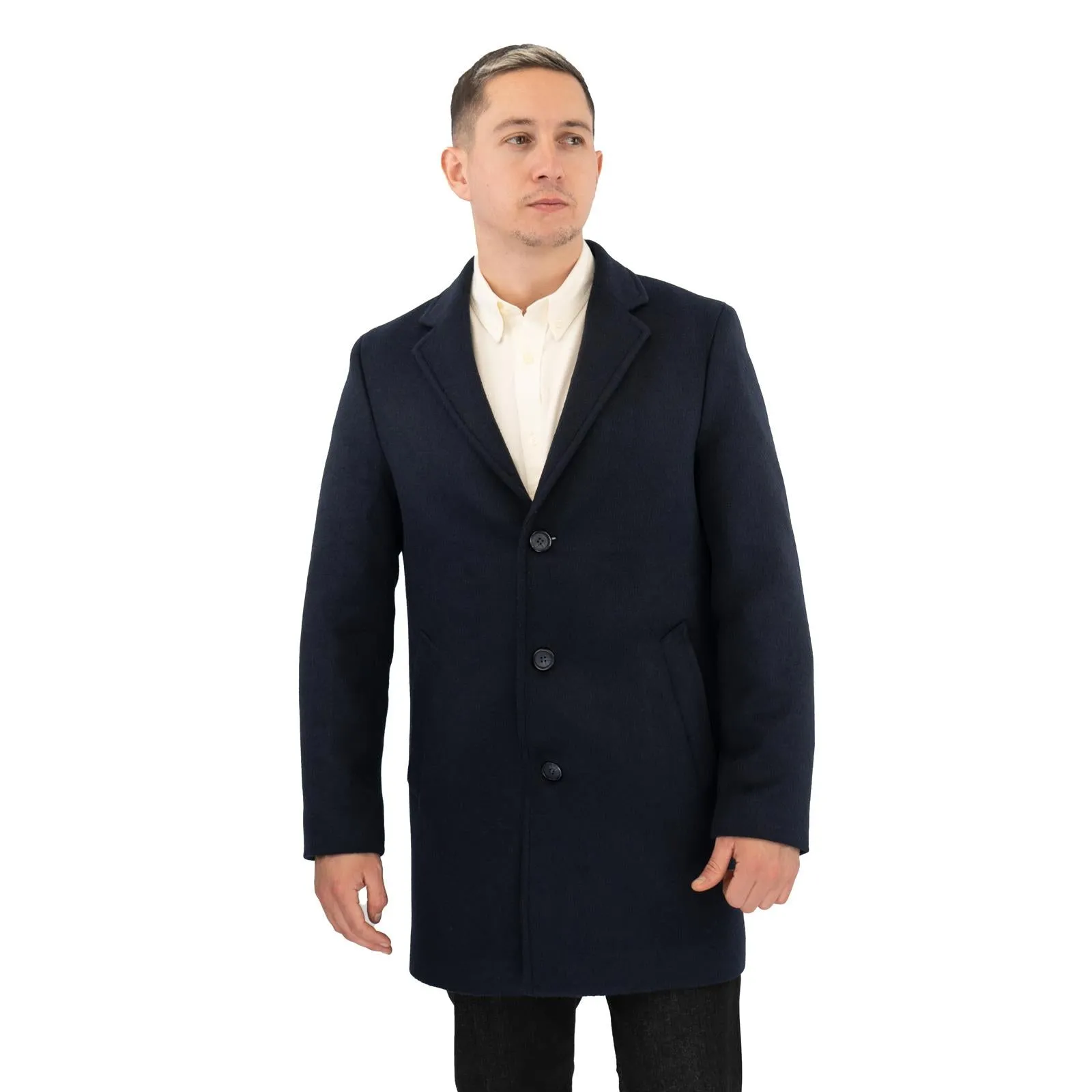 M&S Mens Wool Blend Revere Overcoat Navy