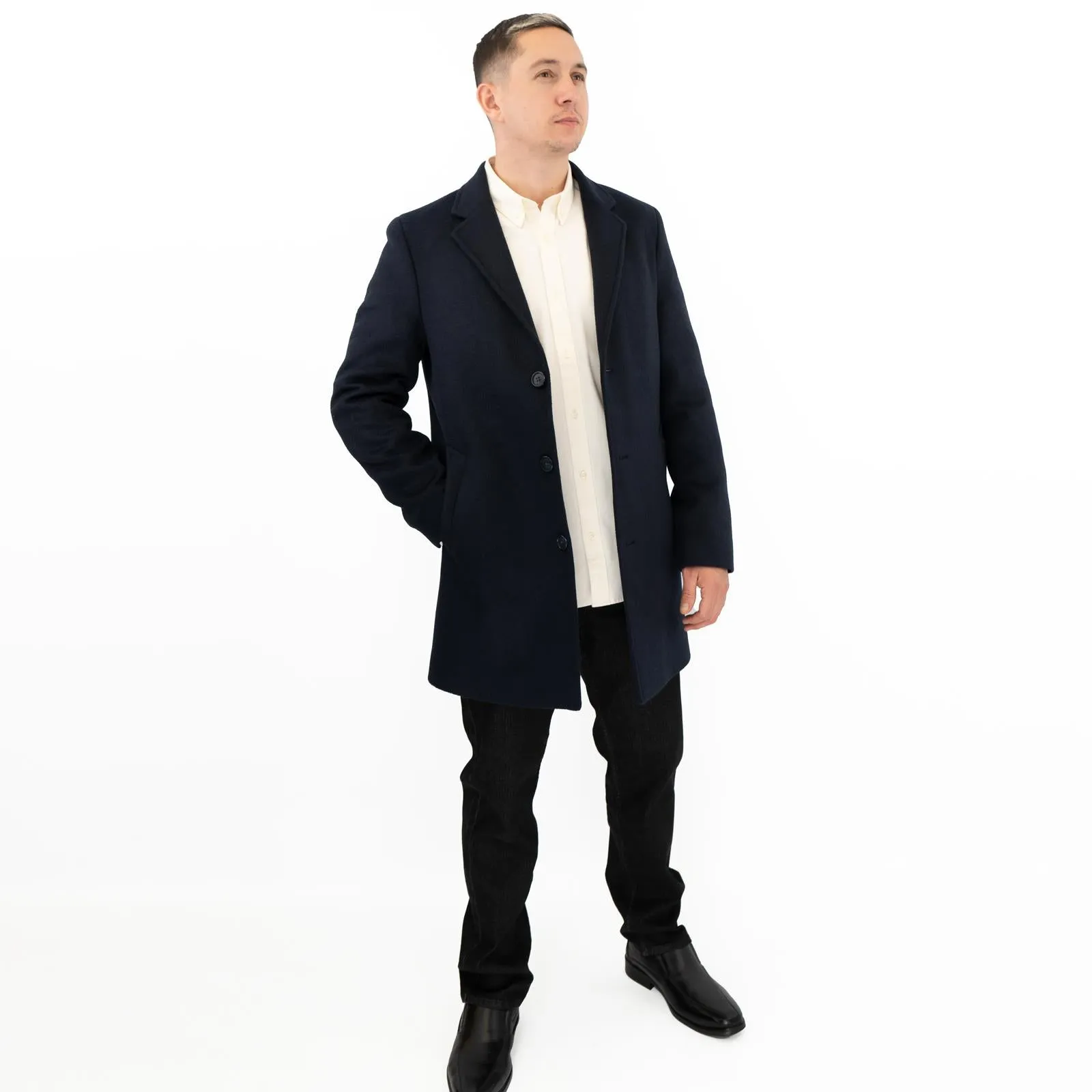 M&S Mens Wool Blend Revere Overcoat Navy