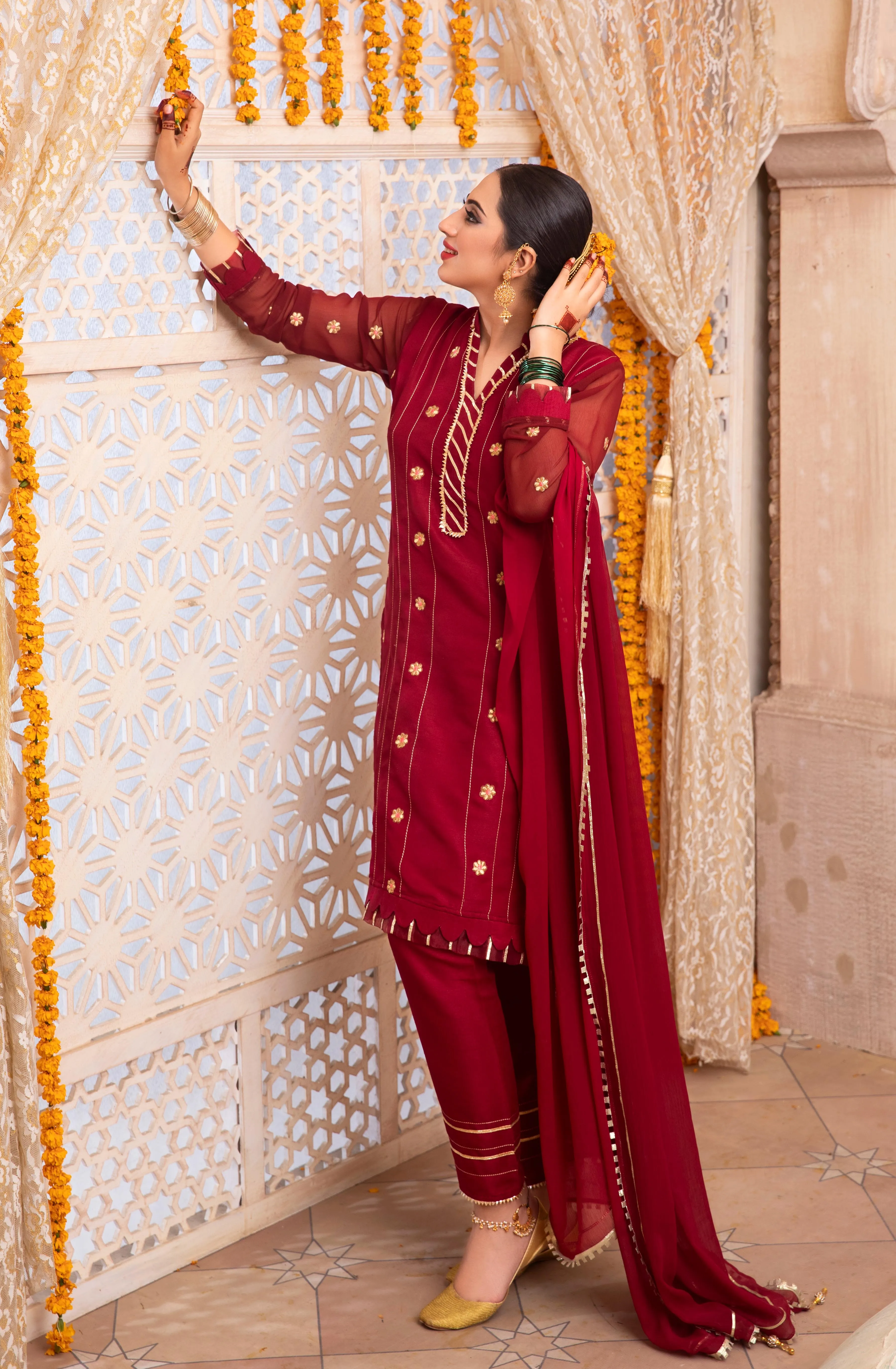 Maroon Floral Embroidered Festive Suit (Rani Sahiba)