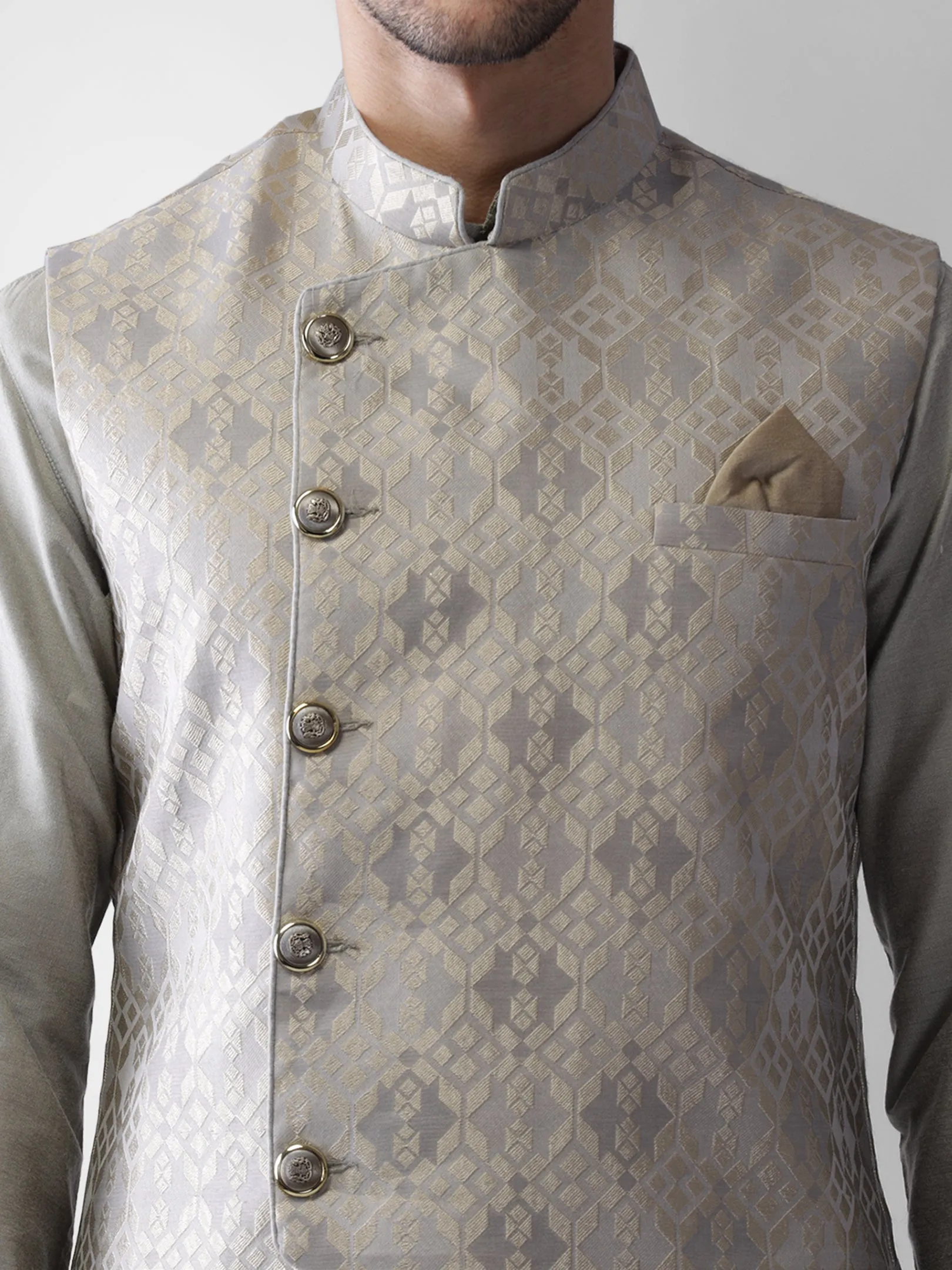 Men Grey Kurta Jacket Churidar Set