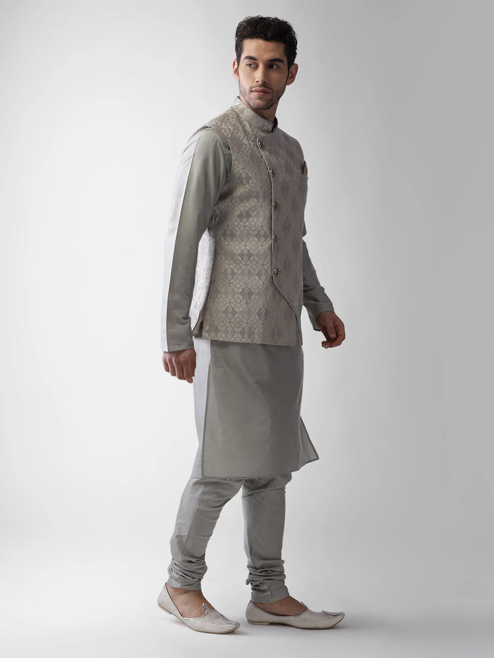 Men Grey Kurta Jacket Churidar Set