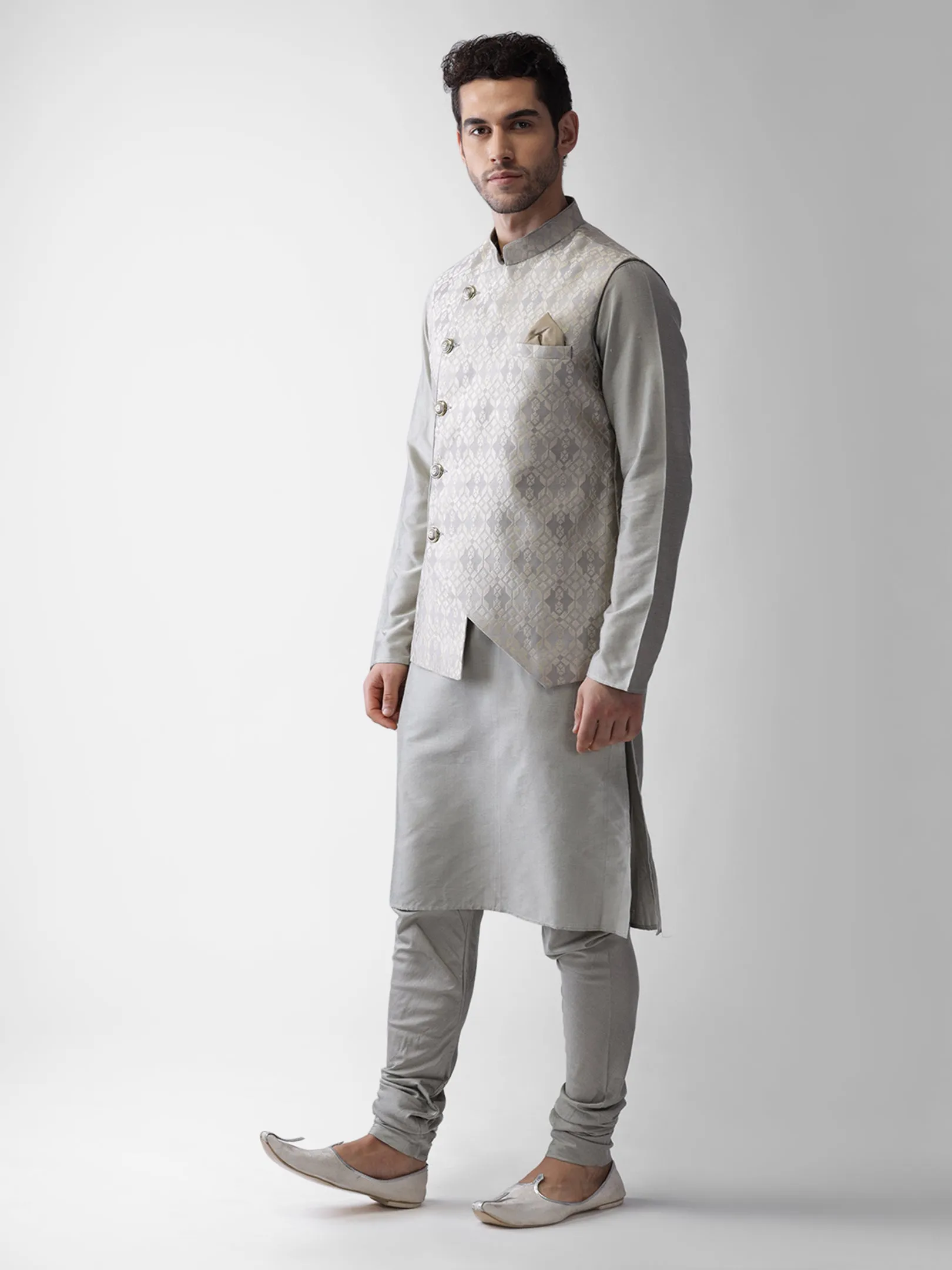 Men Grey Kurta Jacket Churidar Set