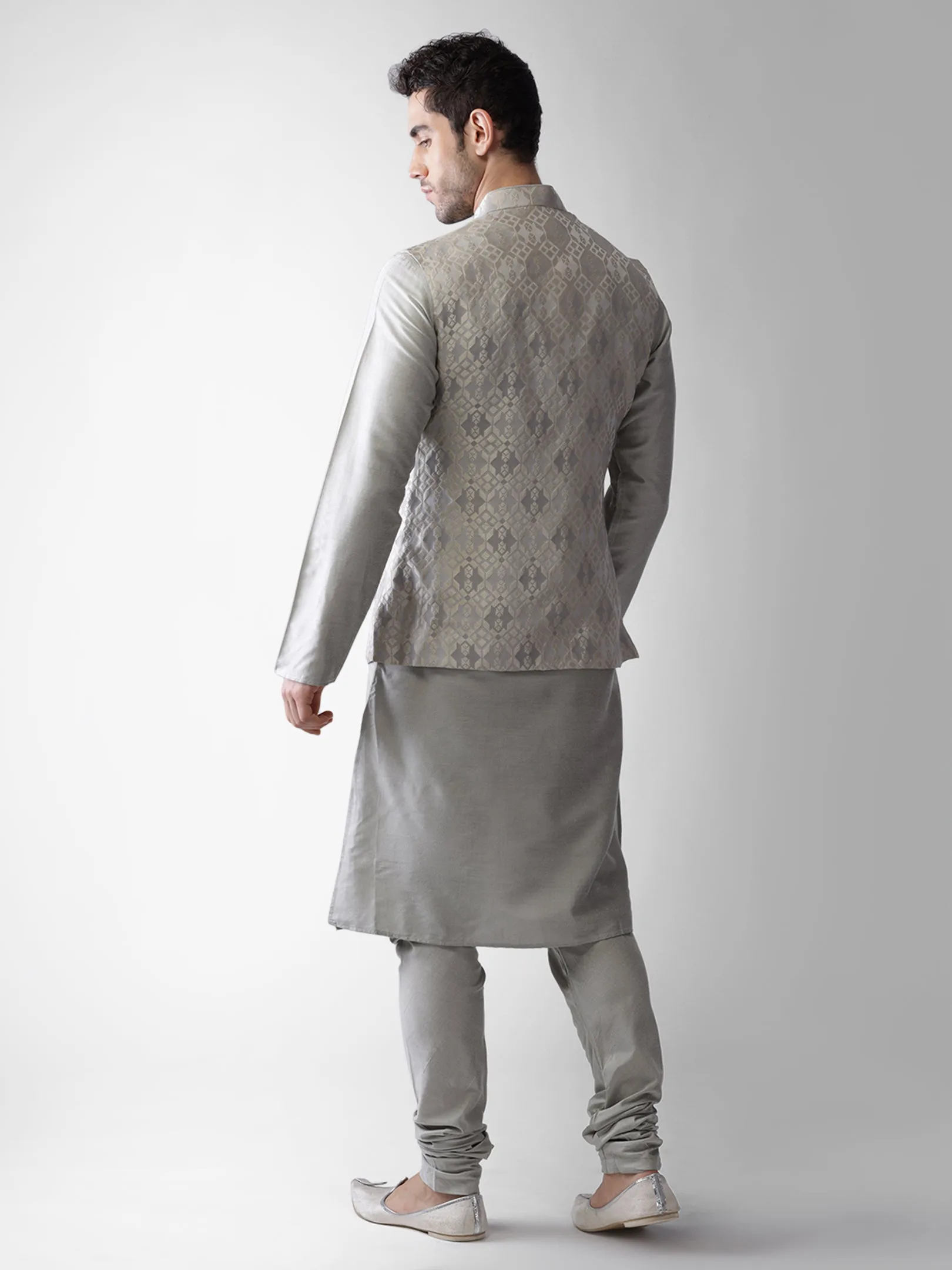 Men Grey Kurta Jacket Churidar Set