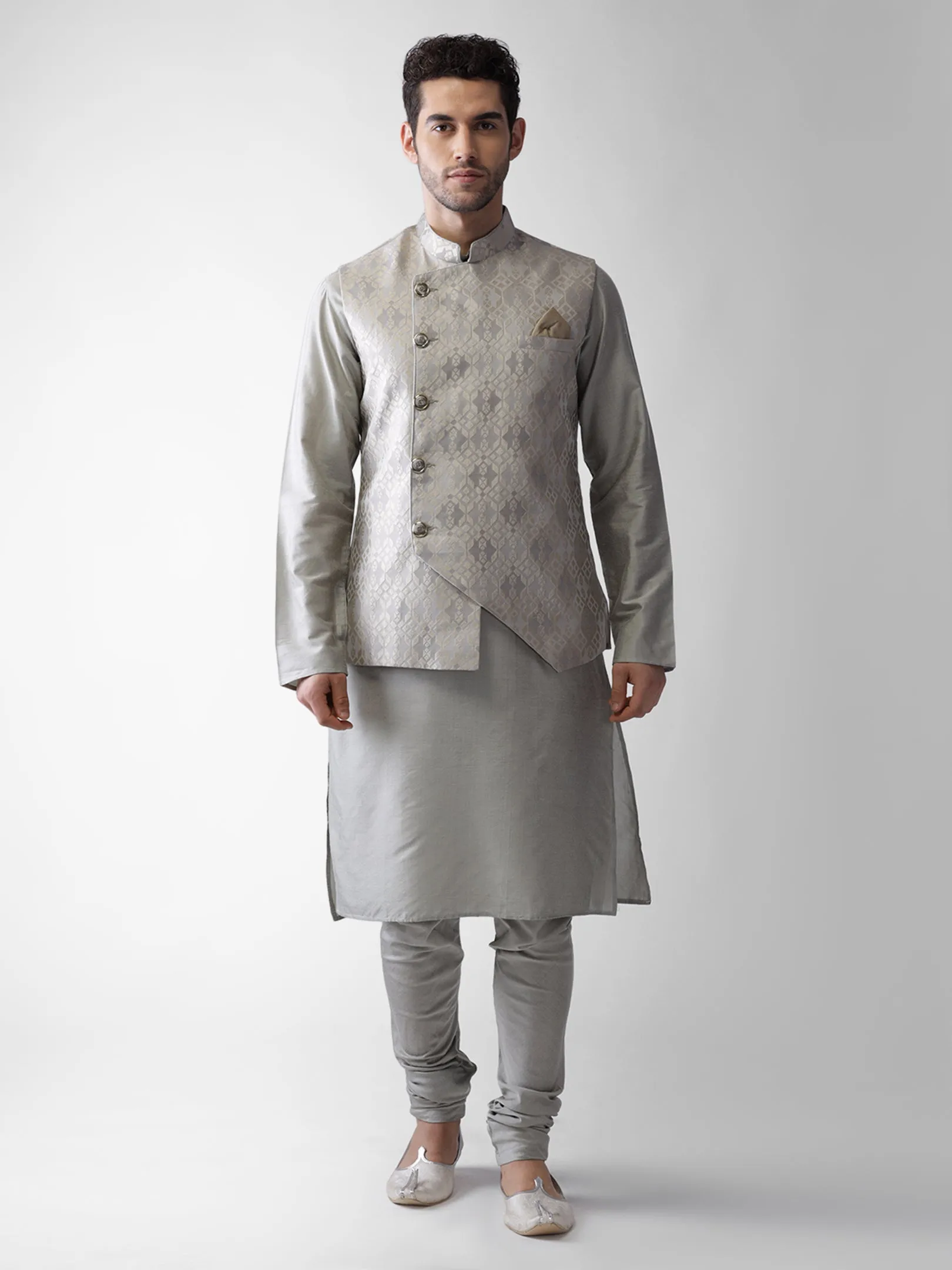 Men Grey Kurta Jacket Churidar Set